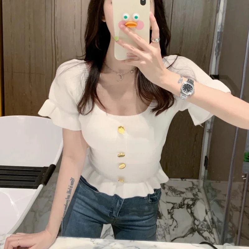 Oocharger Fashion Button Women Knit T Shirt Korean Elegant Slim Square Collar Ruffles Short Sleeve Short Tees Casual Solid Tops