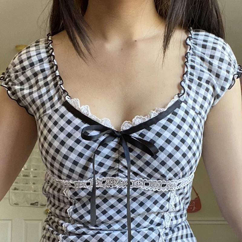 Rapcopter y2k Plaid Crop Top Frill Bow Cute Sweet T Shirt Short Sleeve Square Collar Vintage Prepply Tee Women Fairycore 2022