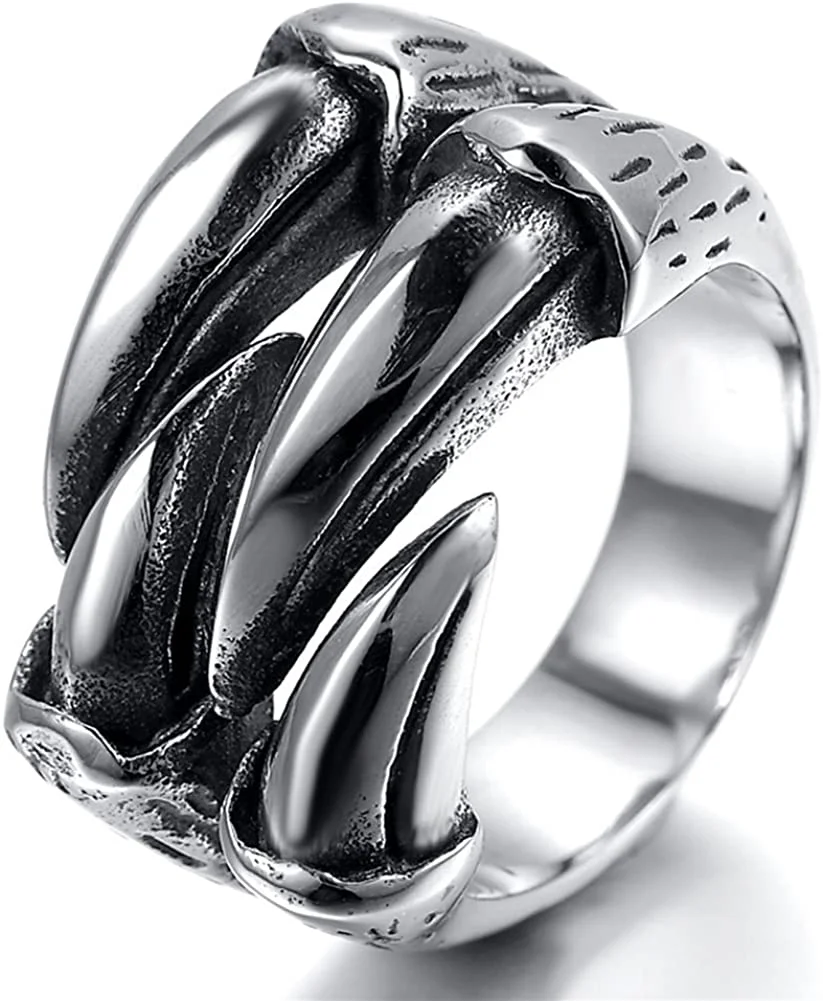 JAJAFOOK Mens Stainless Steel Ring, Gothic Wolf Dragon Claw, Silver