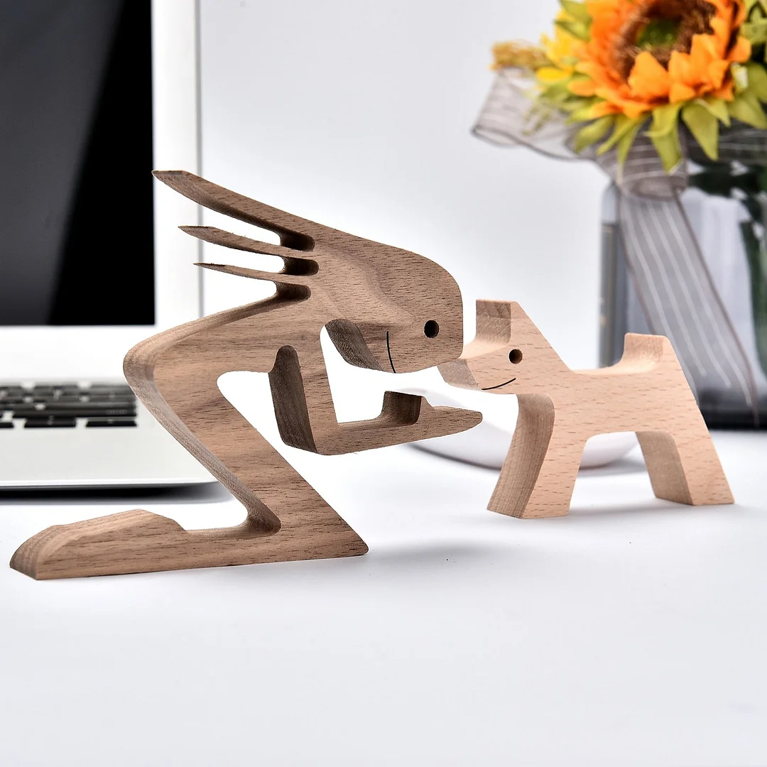 Handmade Wood Dog Decor Sculptures Craft Creative Figurine Ornement Decoration For Bedroom Home Office Decor Gift Natural