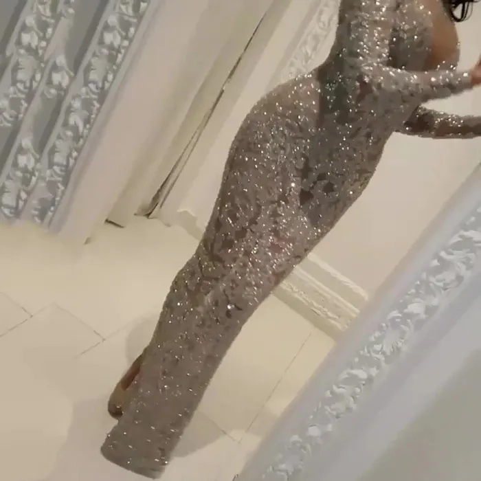 Uveng Uveng Autumn And Winter New Women's Decoration V-Neck Hot Long Sleeves To Repair Sexy Long Dress Evening Dress