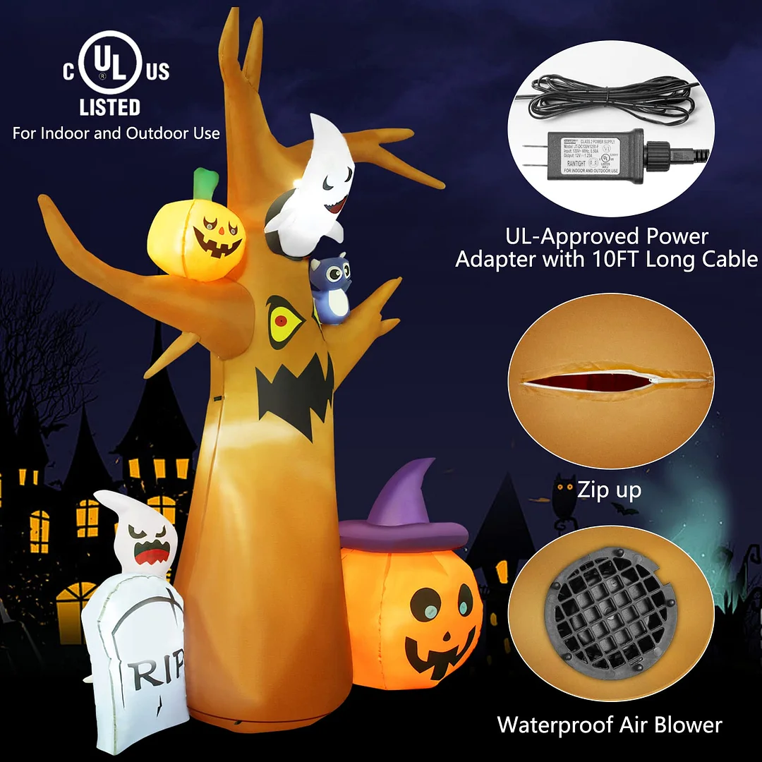 8-foot Halloween inflatable dead tree with ghosts, RIP, pumpkins, owls, with built-in LED lights