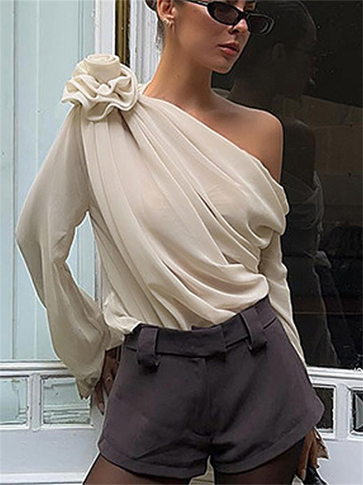 Women's New Versatile Long-sleeved T-shirt Slant Shoulder Loose Long-sleeved Three-dimensional Flowers Solid Color Tops