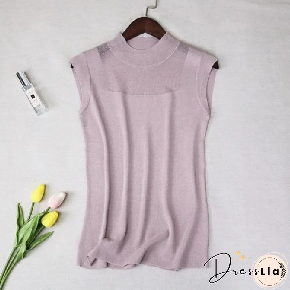 Hollow Out Sleeveless Women Knitted T Shirts Turtleneck Black Lace Sexy Lady Vest T Shirts Pink Loose Summer Thin Knit Tops