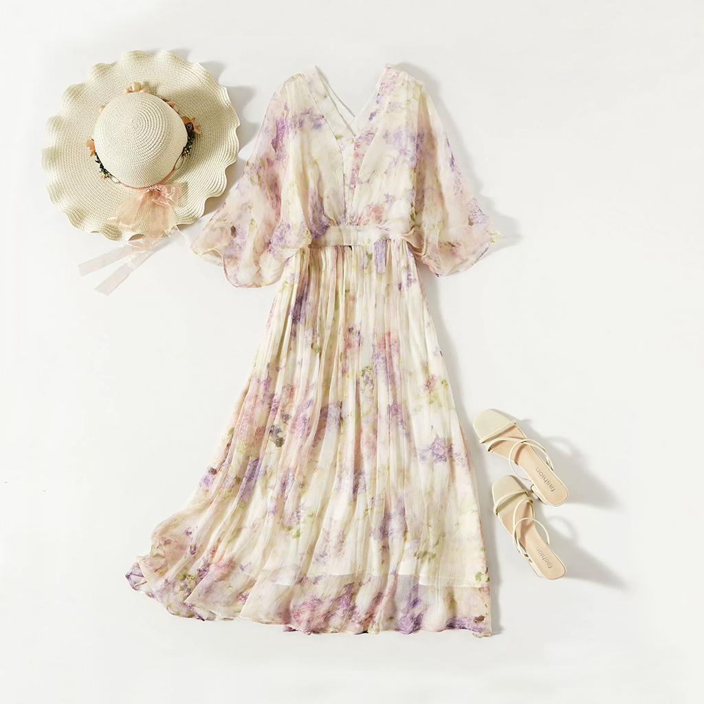 Silk Floral Print Dress Delicate For Vacation  REAL SILK LIFE