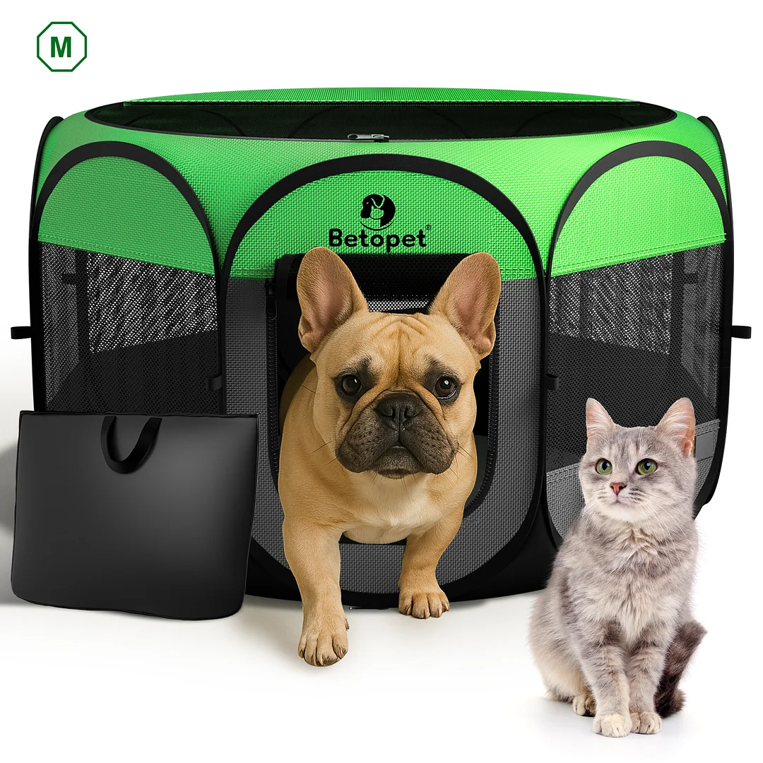 MAXLAPTER Upgraded Pet Dog Playpen for Small/Medium/Large Dogs Indoor/Outdoor, 600D Oxford Fabric Green Portable Cat Playpen Enclosed with Removable Zipper Top and Bottom（M）