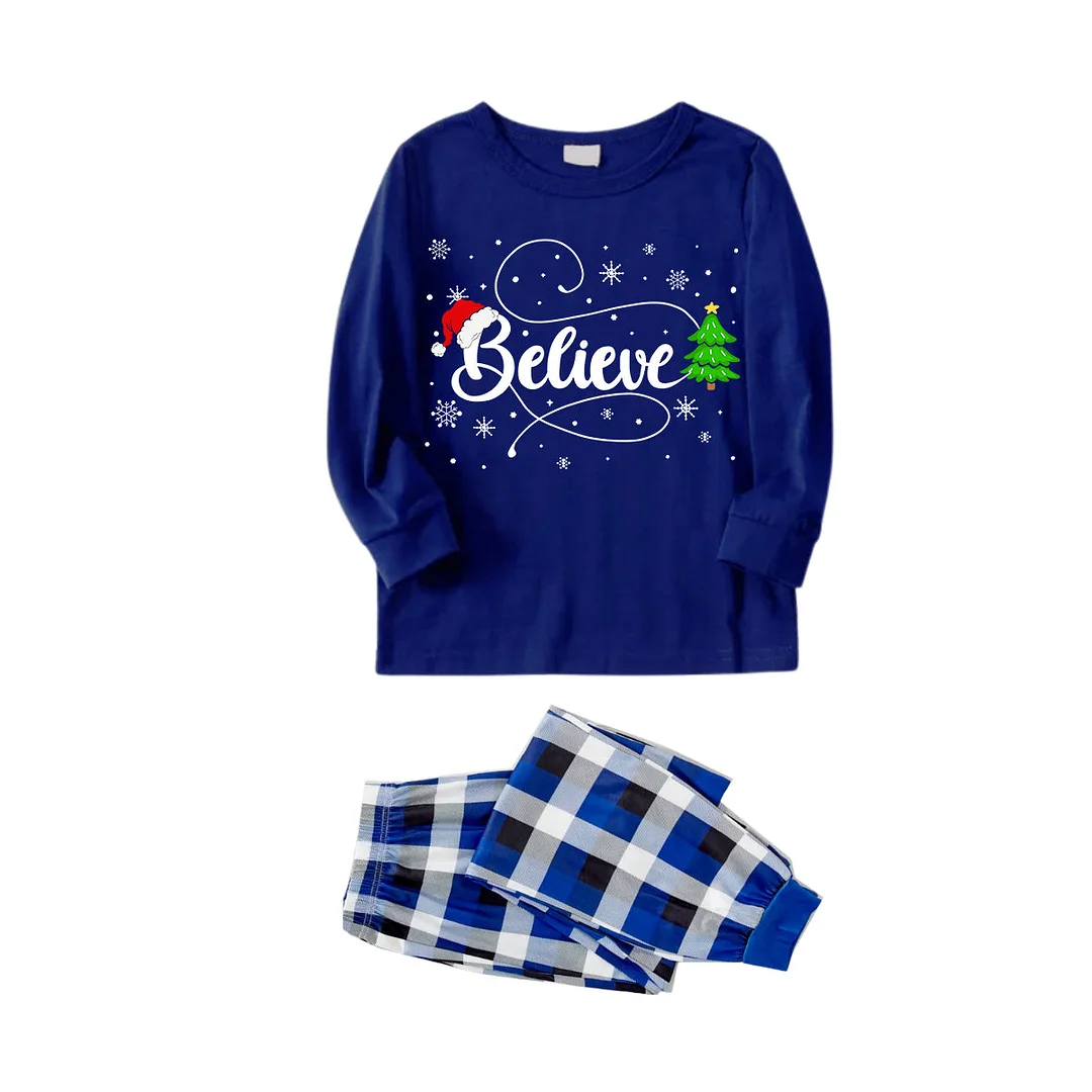 "Believe" in Snowflakes Blue Long Sleeves with Blue&White&Black Plaid Pants Family Matching Pajamas