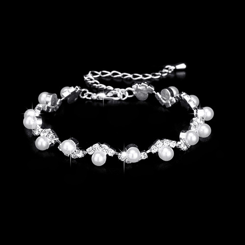 Wedding Silver Rhinestone Embedded Pearl Necklace Earrings Bracelet Three Piece Jewelry Set 2024 - Flycurvy 