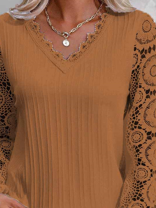 Women Long Sleeve V-neck Solid Lace Tops