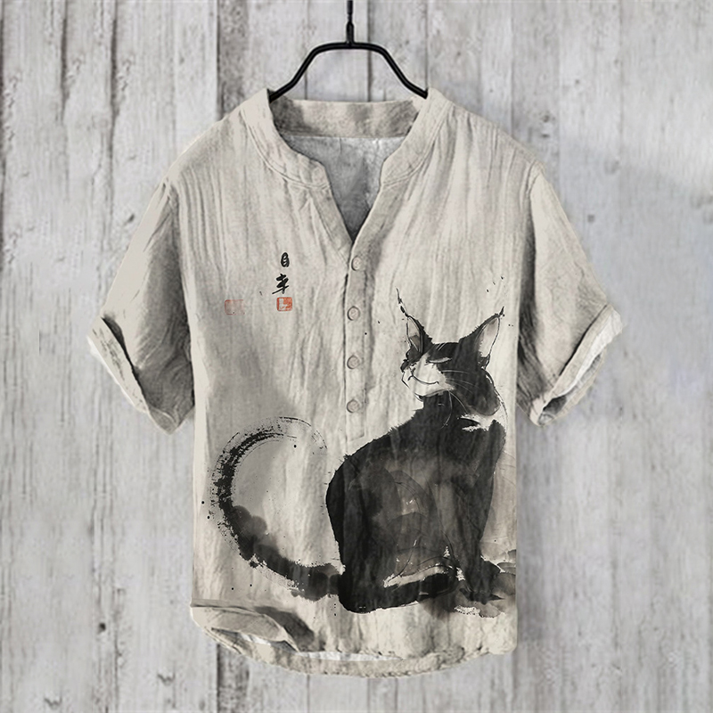 Comstylish Retro Japanese Art Ink Painting Cat Print Linen Blend Shirt