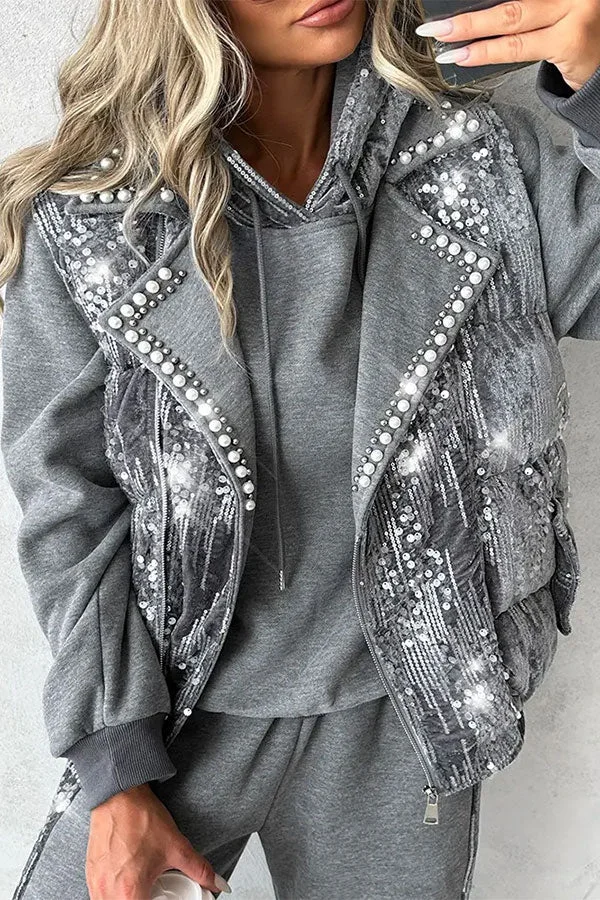 Sequined & Beaded Decor Glittery Cotton-padded Gilet