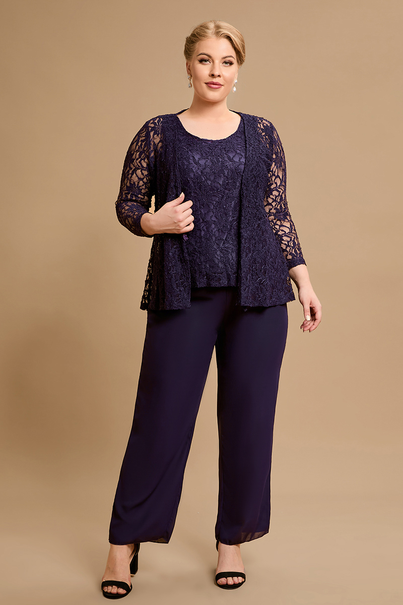 Flycurvy Plus Size Mother of The Bride Eggplant Lace Three Pieces Set Pant Suits