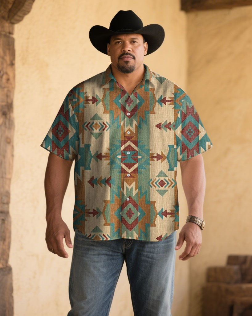 Men's Plus Size Retro Western Denim Ethnic Classic Color Print Short Sleeve Shirt