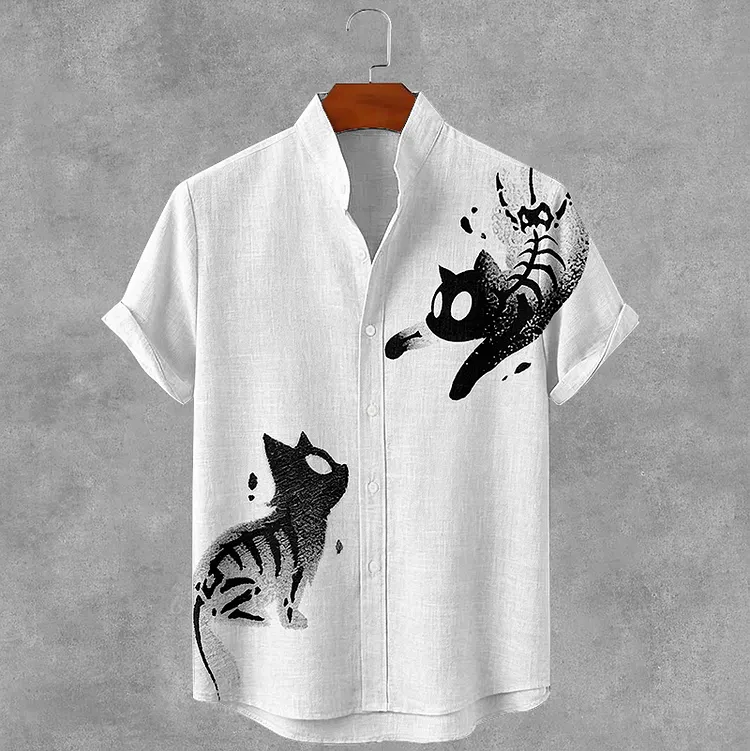 Men's Retro Ink Painting Cat Art Pattern Casual Shirt