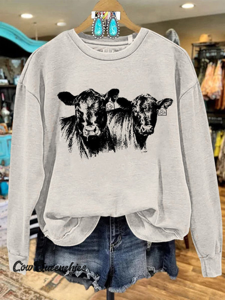 Beige Vintage Cow Print Casual Sweatshirt Multicolor / S
