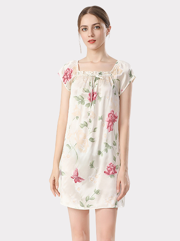 Beige Inflorescence Print Silk Nightgown For Women REAL SILK LIFE