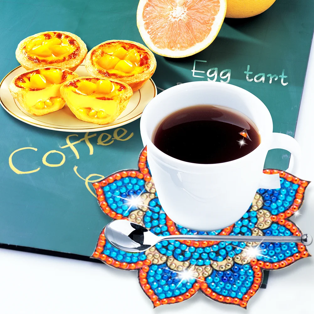6pcs Datura DIY Diamonds Painting Coaster Woodiness with Rack Cup Pad Decor