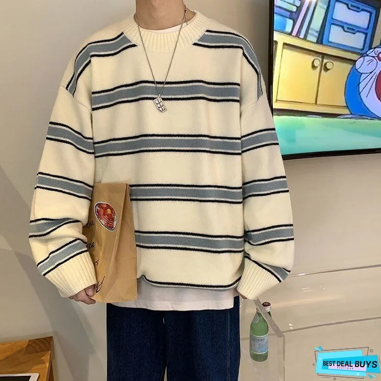 Striped Sweater Men Round Neck Winter Pullover Sweater Korean Fashion Harajuku Loose Wild Long Sleeve Sweater Oversize