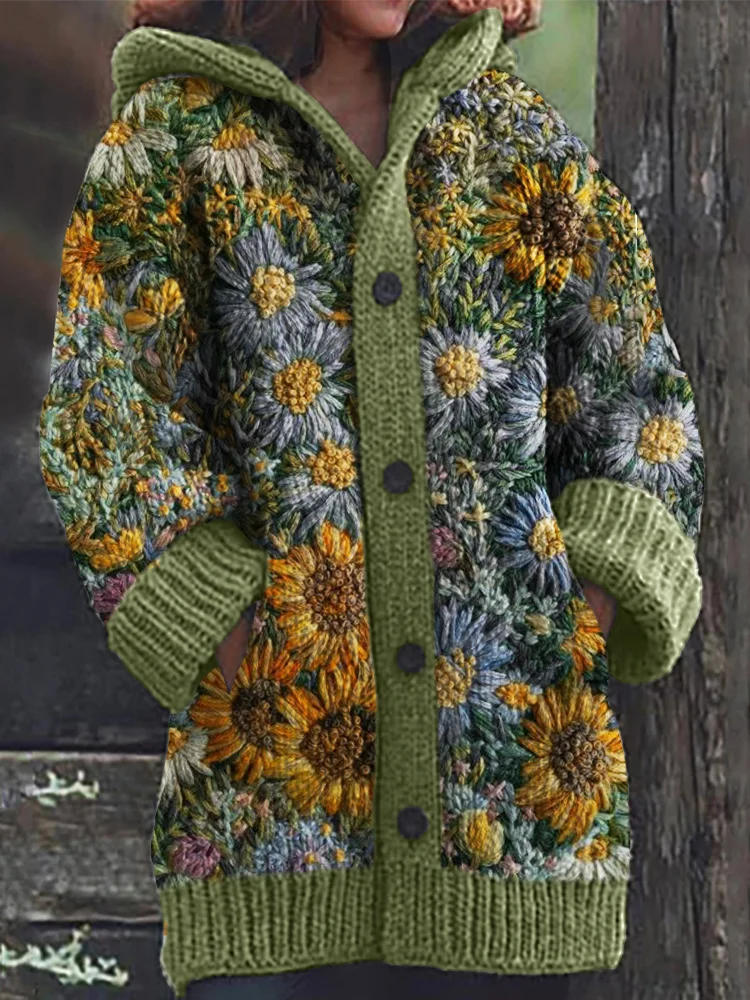 VChics Wild Flowers Embroidery Pattern Cozy Hooded Cardigan
