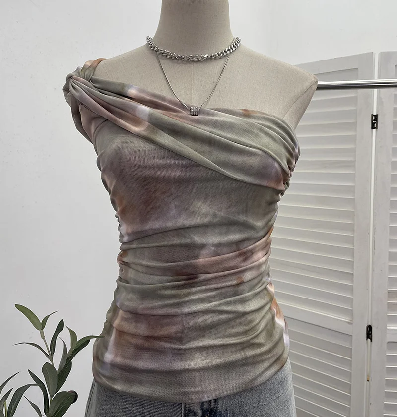 Churchf Net Yarn Printed Slanted Shoulder Sling Vest Retro Design Folding Temperament Short Blouse 8009