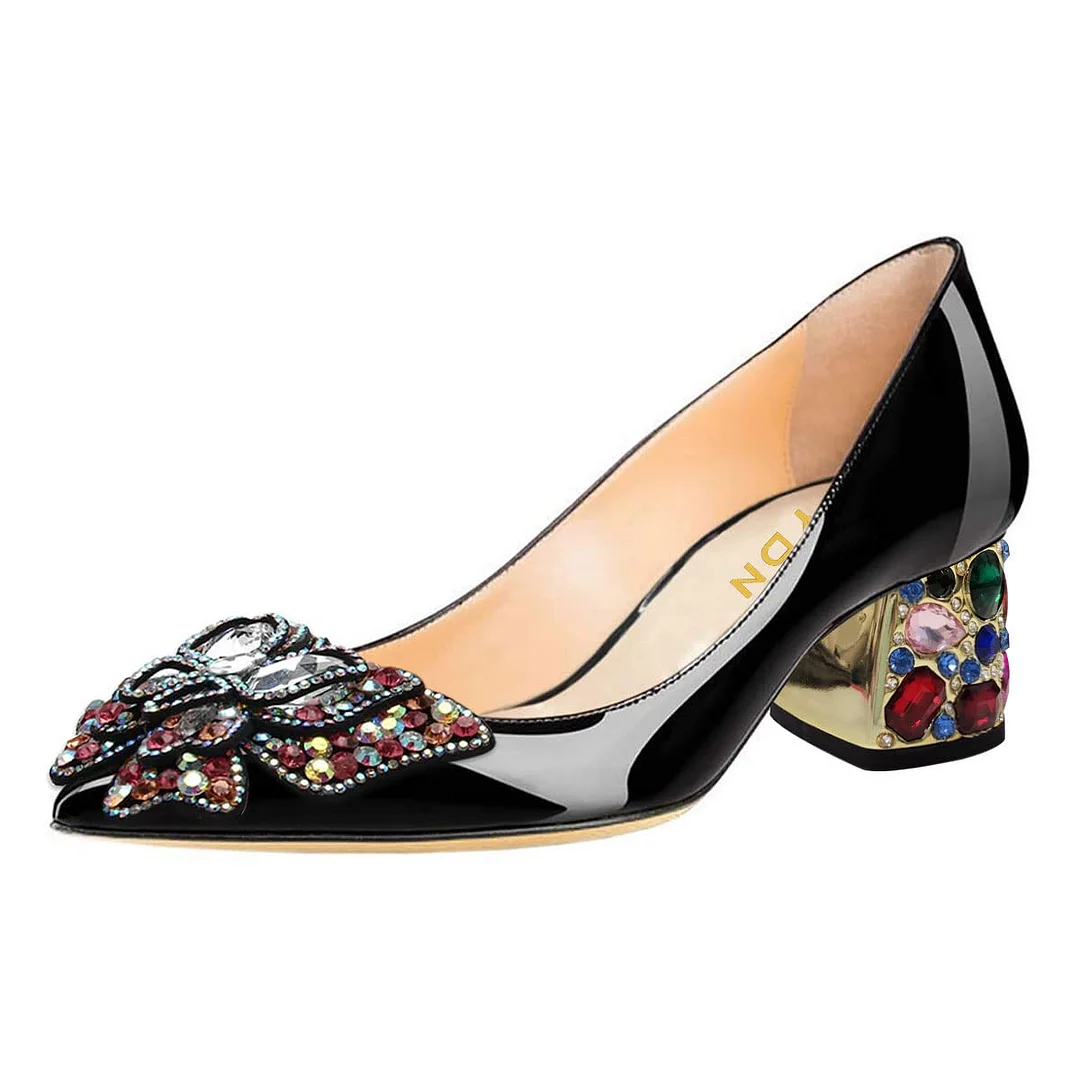 Patent Leather Pointed Colorful Rhinestone Butterfly Pumps in Black