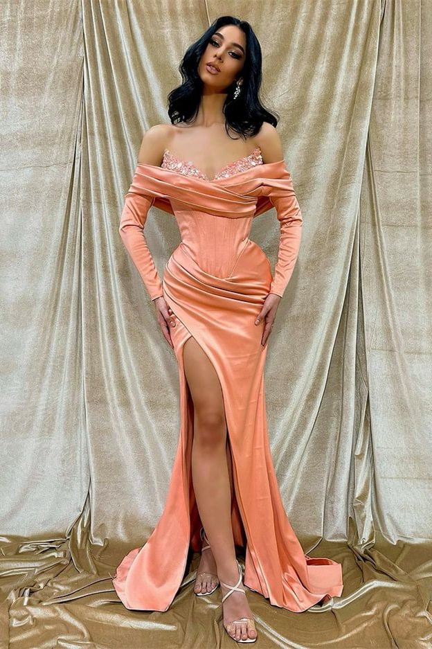 Long Sleeves Off-The-Shoulder Front Split Mermaid Prom Dress With Sequins | Ballbellas Ballbellas