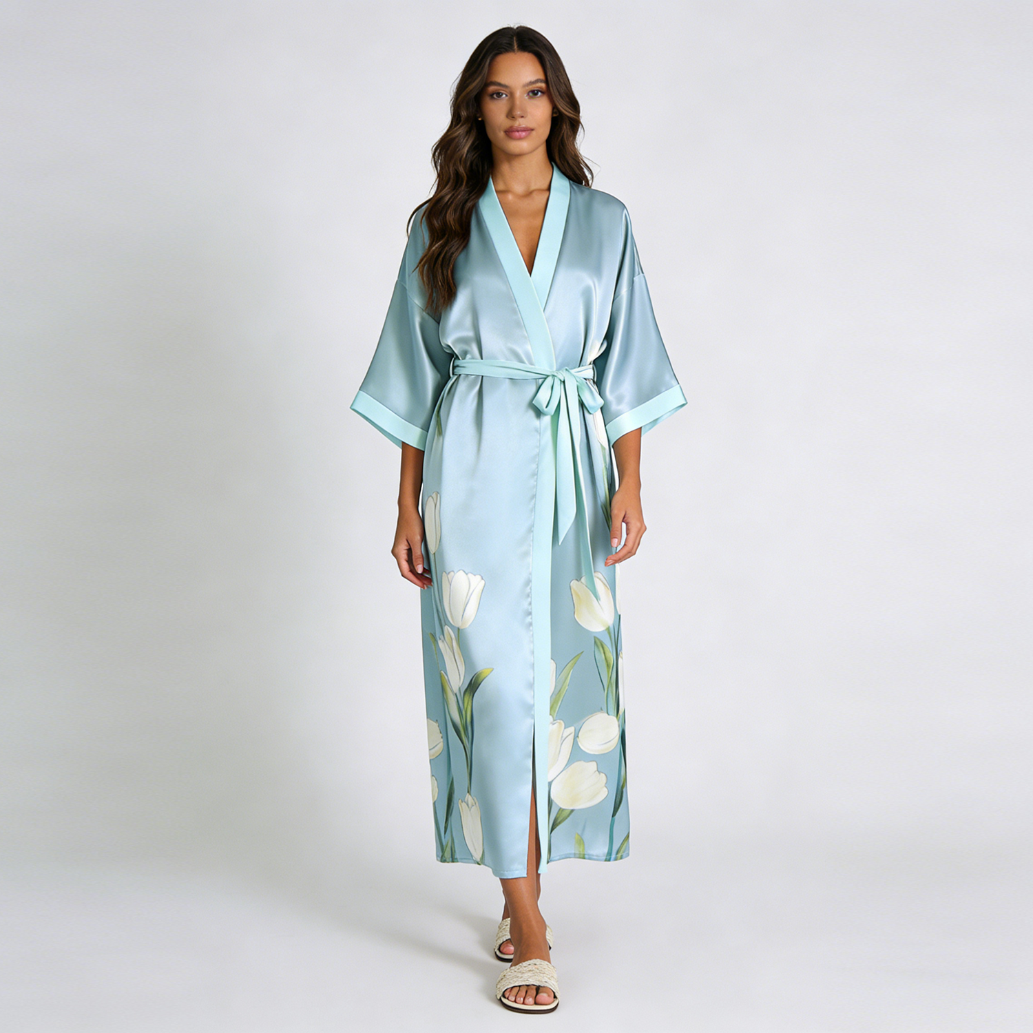 Silk Robe Women 100% Mulberry Silk Light Blue Ankle Length Kimono Soft REAL SILK LIFE