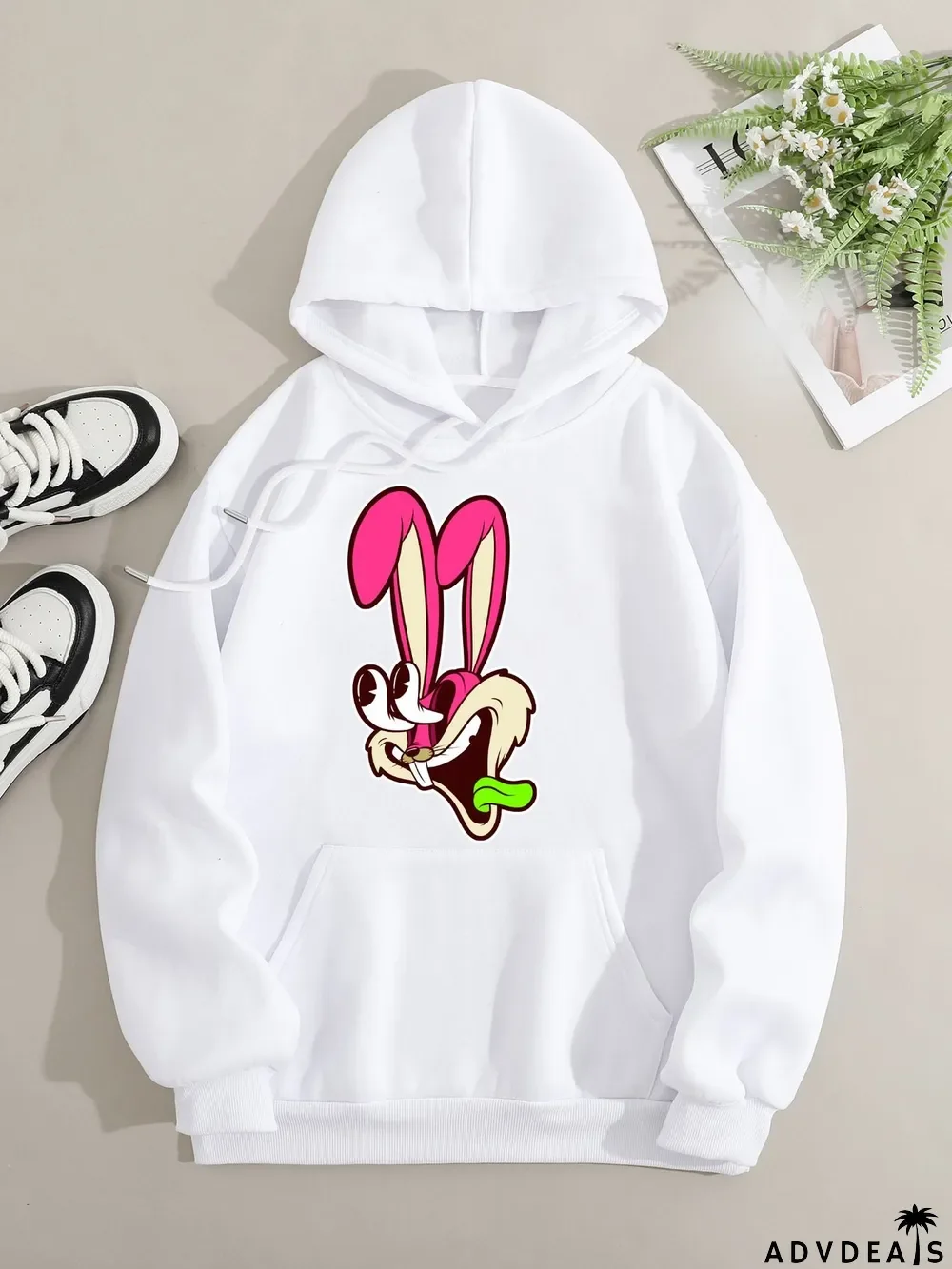 Printed on front Kangaroo Pocket Hoodie Long Sleeve for Women Pattern Rabbit Surprised