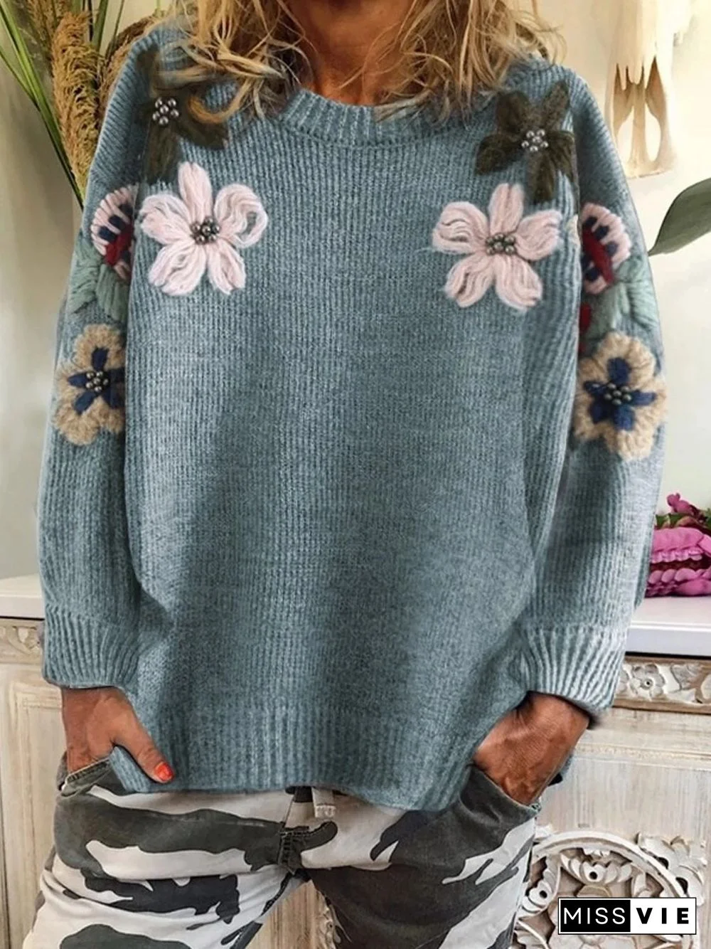 Green Casual Floral Round Neck Cotton-Blend Shirts & Tops
