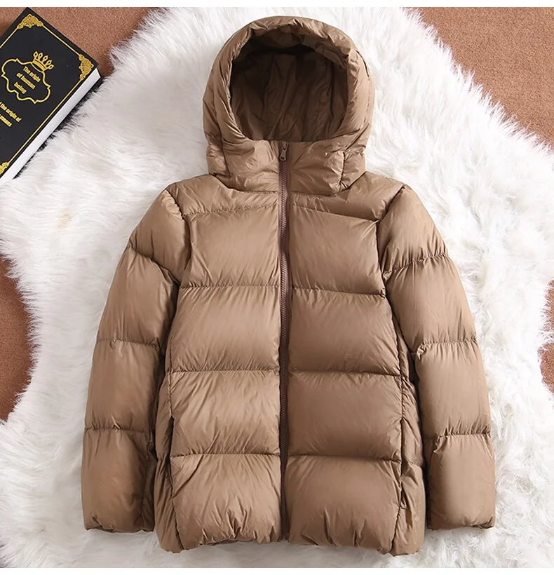 FTLZZ New Ultra Light Hooded Short Jacket Women 90% White Duck Down Coat Casual Windbreak Parkers Lightweight Warm Snow Outwear