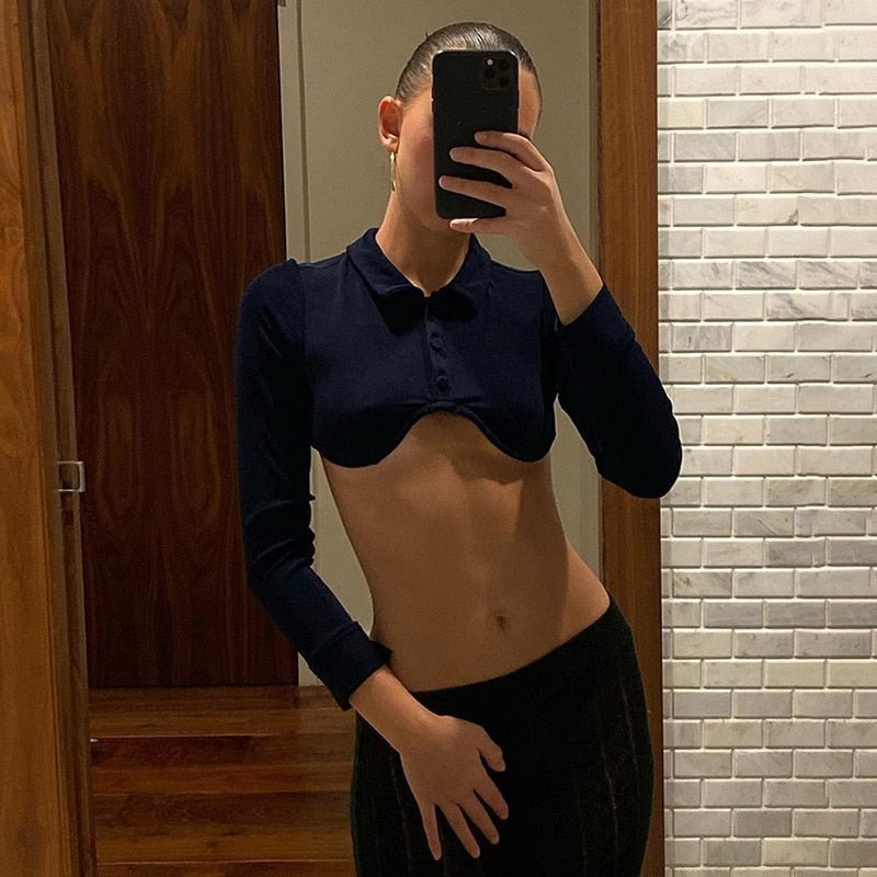 Cryptographic Turn-Down Collar Long Sleeve Fashion Women's Crop Tops Button Up Tee Sexy Slim Tops Casual T-Shirts Streetwear