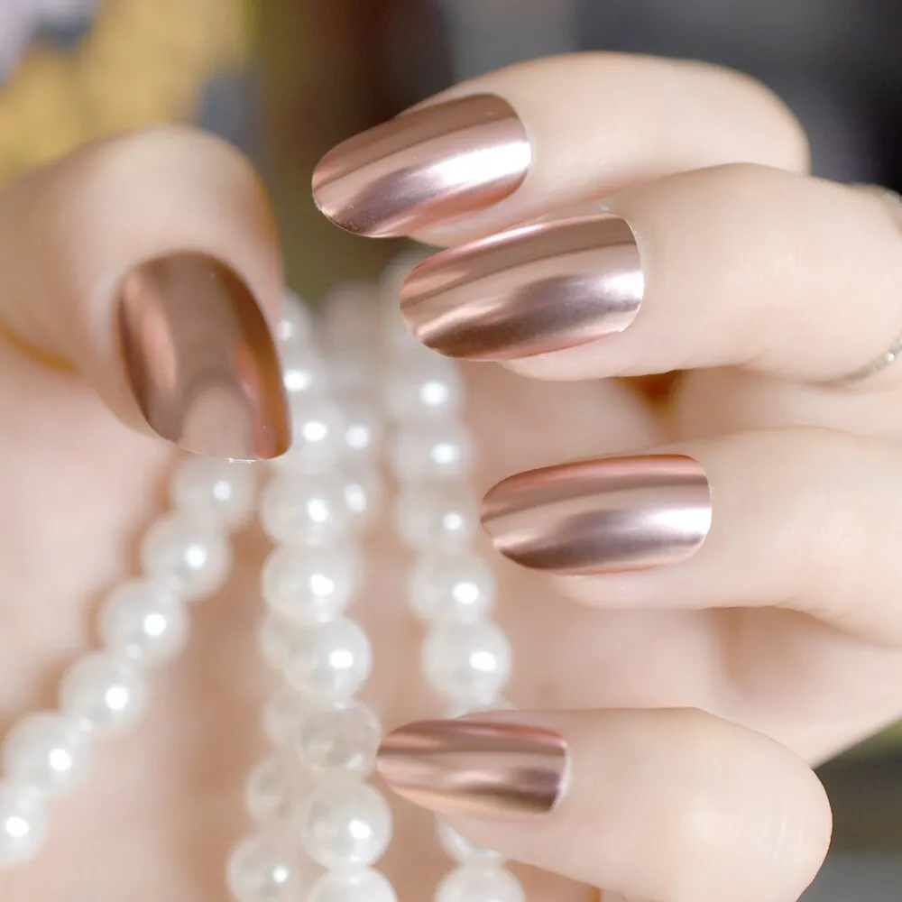 Pink Electroplate Simple Design Medium-Short Nails Almond Full Cover Nails EchiQ Supplies For Professionals Gels Nails Charms-Nail Inspo