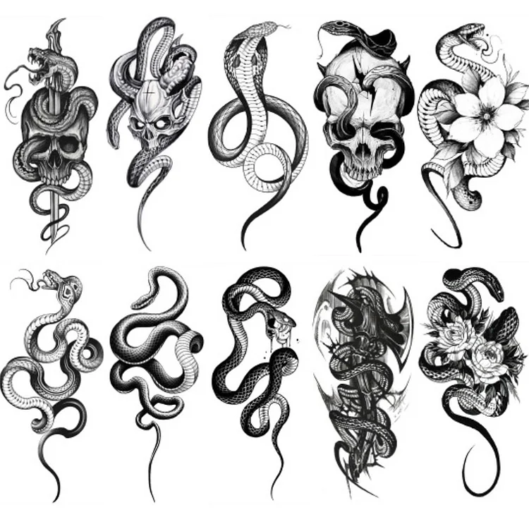 10pcs Tattoo Stickers Waterproof Snake Cool Tattoos for Men Women 68x140mm (E)