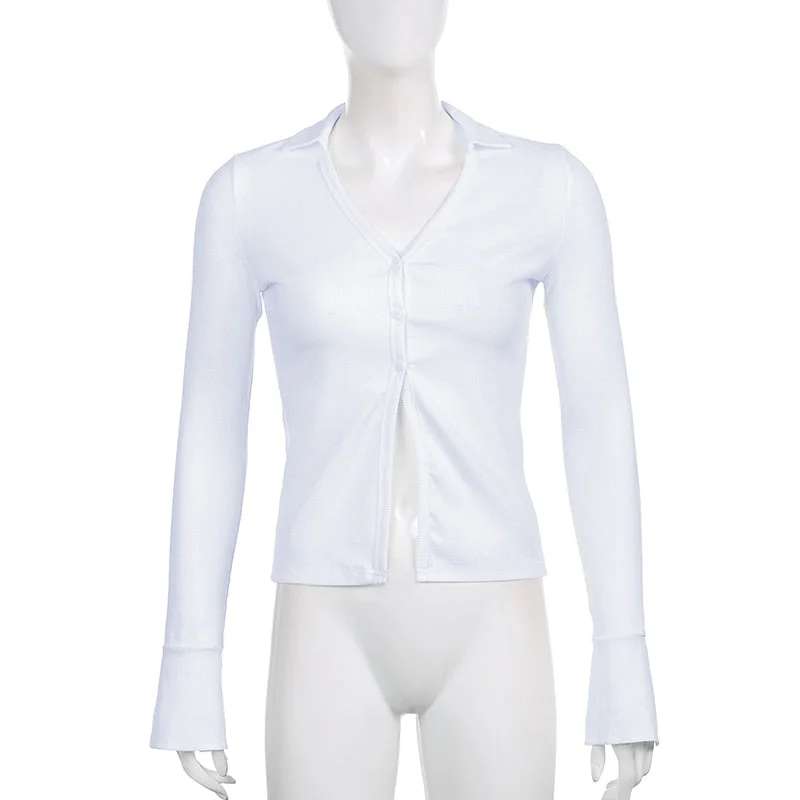 Sweetown White Solid V Neck Ribbed Shirts Female Button Up Slim Casual Tops And Blouses V Neck Long Sleeve Basic Autumn Tees
