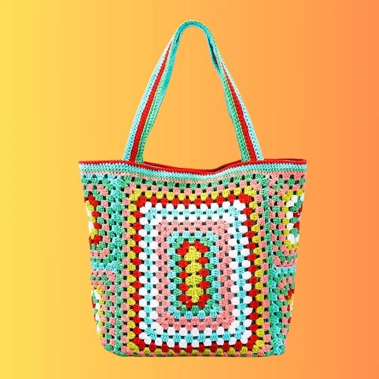 Lulusnow Handmade Green Granny Square Beach Summer Bag Vintage Handbag for Travel Crochet Shoulder Bag  St.Patrick's Gift 