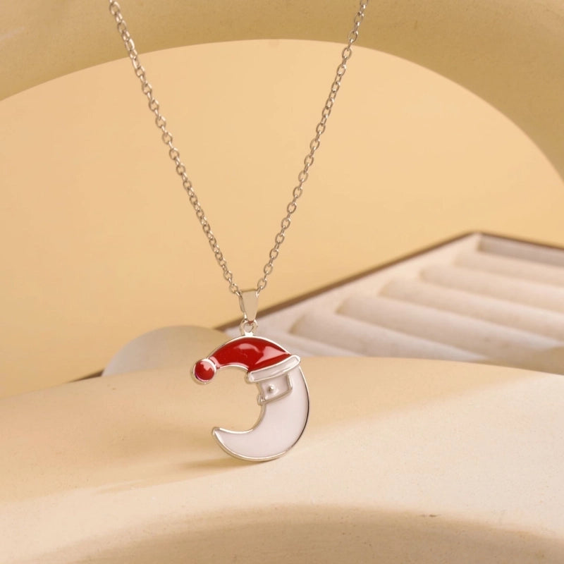 Titanium Steel Copper Cable Chain Enamel Inlay Christmas Hat Santa Claus Christmas Socks Pearl Zircon Pendant Necklace