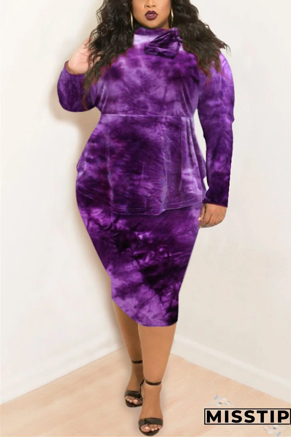 Purple Fashion Casual Plus Size O Neck Long Sleeve Regular Sleeve Print Tie Dye Printed Dress
