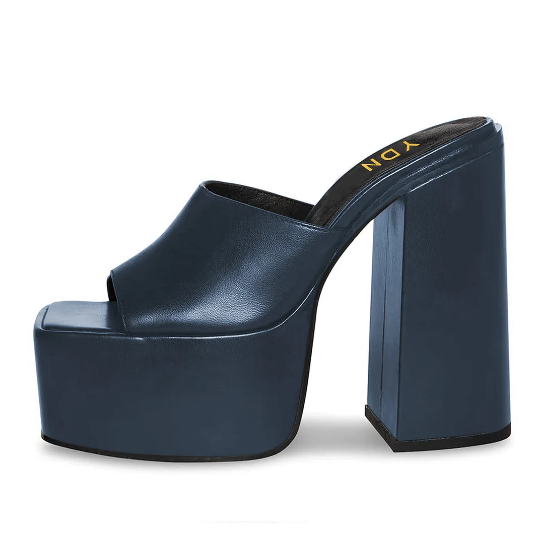Navy Blue Square Toe Wide Band Platform Mules with Block Heels