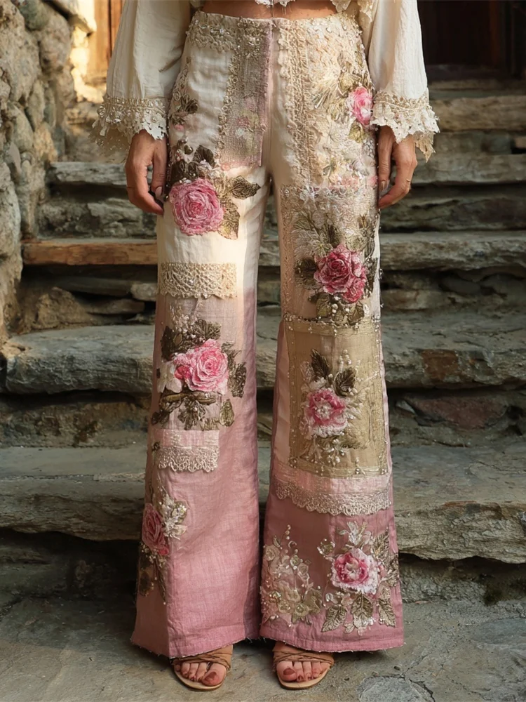 Boho Vintage Floral Lace Patchwork Art Women's Linen Trousers