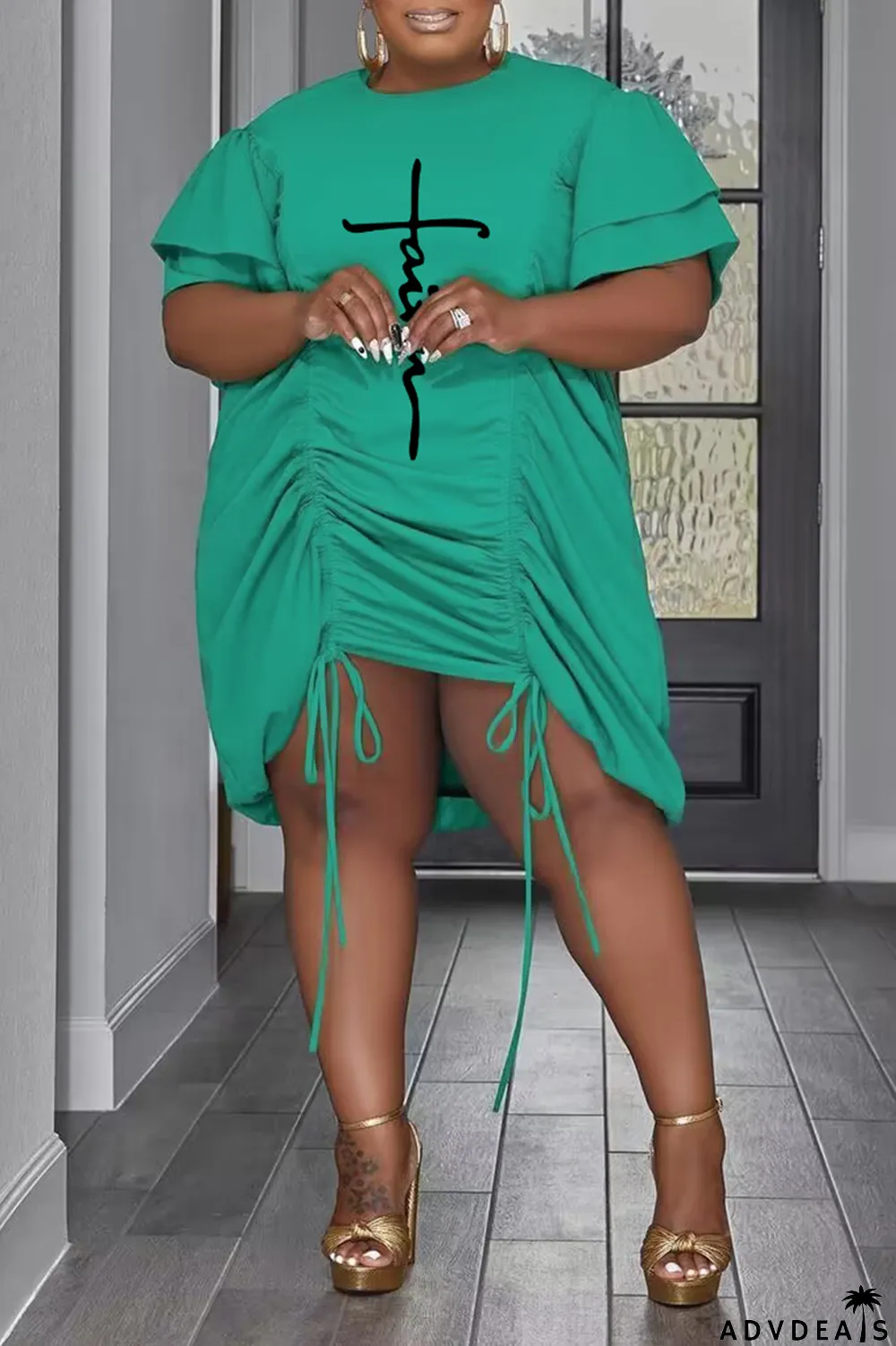 Green Casual Print Draw String Flounce O Neck Straight Plus Size Dresses