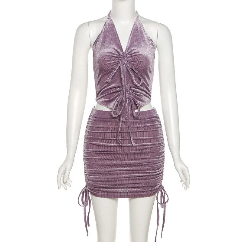 WannaThis Lace Up Cropped Top Two Pieces Sets Drawstring Sleeveless Waist Top And Beachwear Sexy Velvet Suits With Skirts 2021