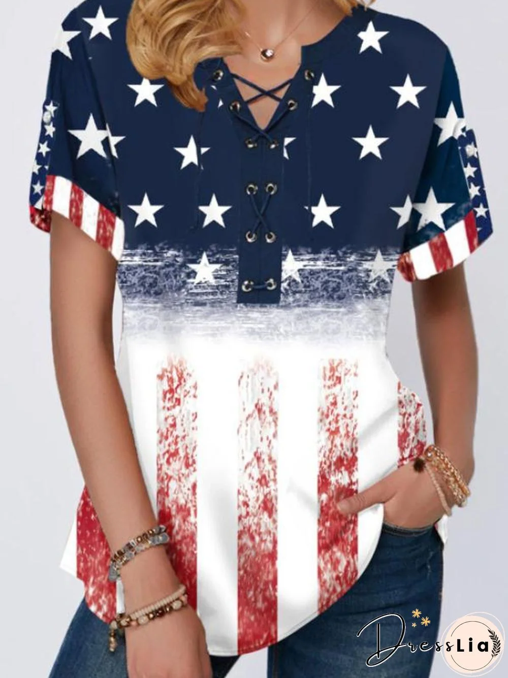 Lace-Up Star Pattern T-Shirt