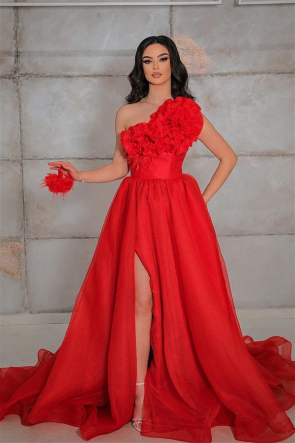 Bellasprom Red One Shoulder A-Line Prom Dress Flowers With Split Bellasprom