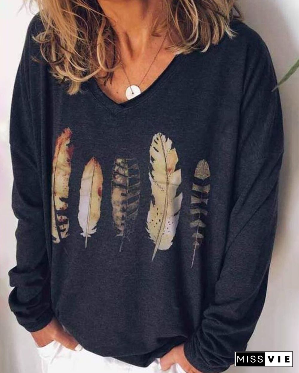 V Neck Feather Printed  Fall Women Casual Printed Shirt &Tops