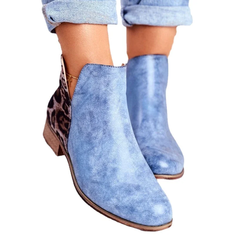 2022 Women Retro Ankle Boots Woman Vintage Leopard Low Heels Women's Zip PU Leather Ladies Shoes Female Short Boots botas mujer