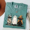 Unisex Retro Comfort Colors Halloween Ghost Cat Printed Short Sleeve T-Shirt