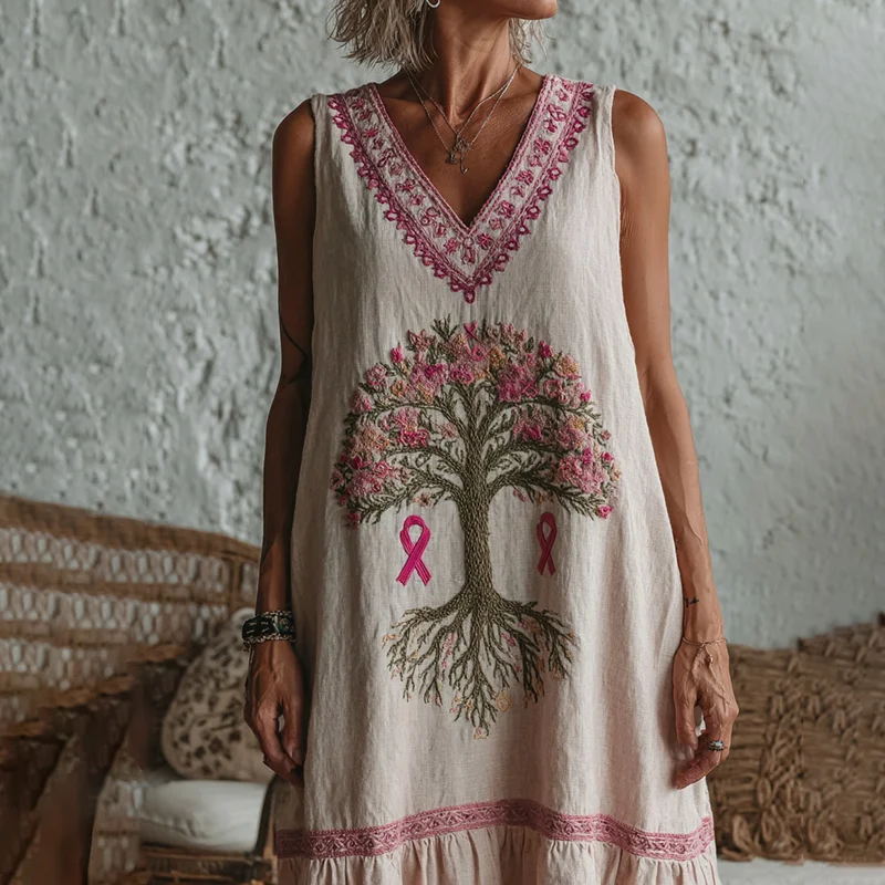 Women's Tree Of Life Pink Ribbon Embroidery V Neck Tank Midi Dress