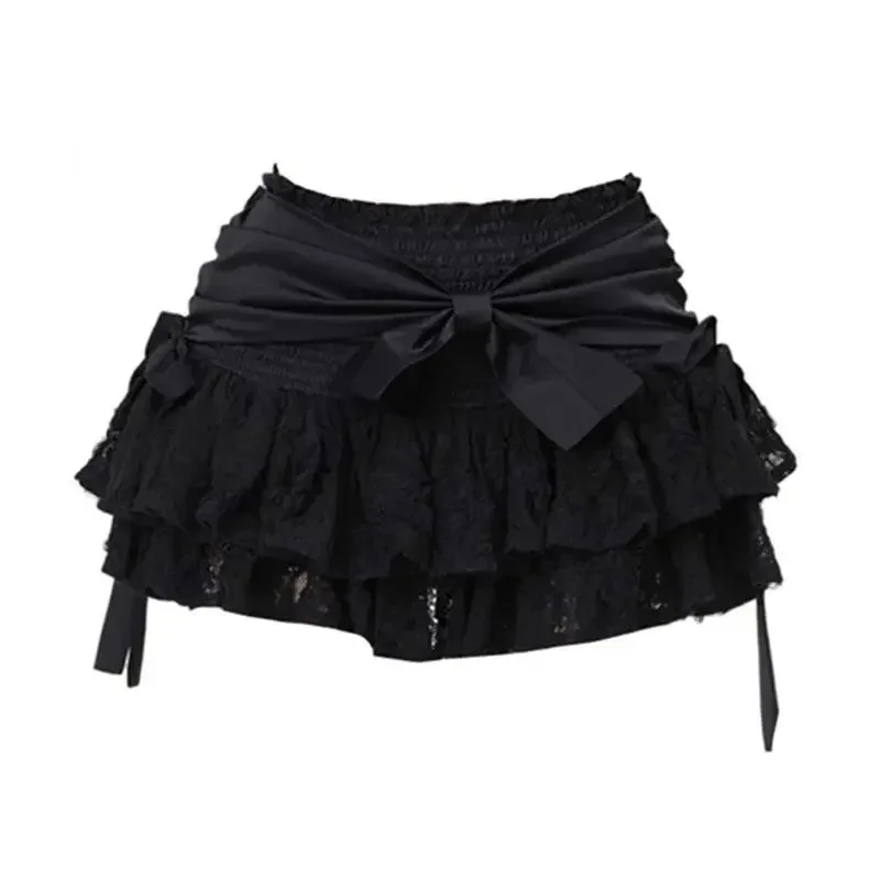 Huibahe Gothic Lolita Skirt Women Japanese 2000s Style Y2k Lace Patchwork Bow Sexy Vintage Extreme Mini Skirt Spring Summer
