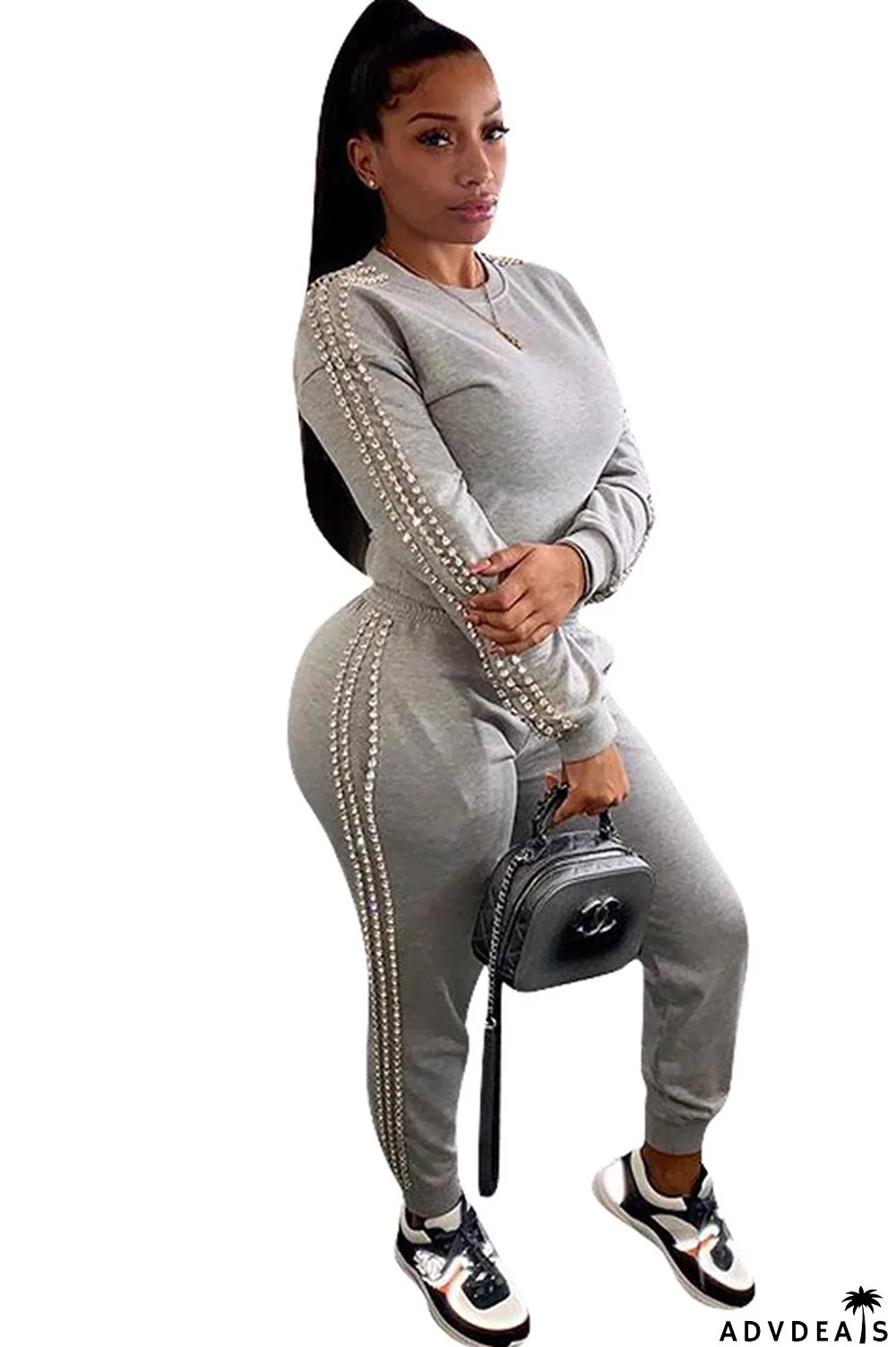 Black Casual Beading Solid Two Piece Suits Patchwork pencil Long Sleeve Two-piece Pants Set