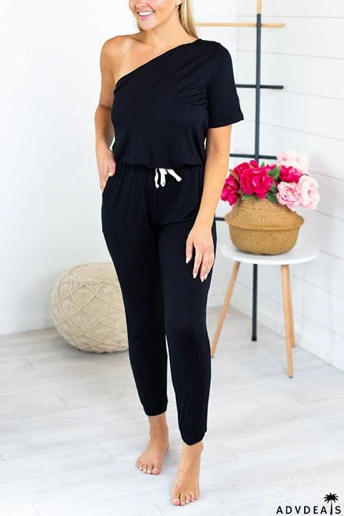 One Shoulder Drawstring Jumpsuits